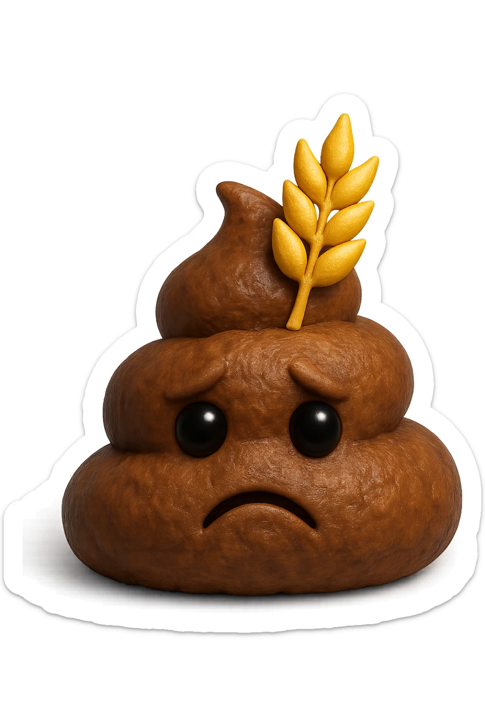 emoji stile iphone di una montagnetta di feci umane realistiche a palline tristi con sopra un simbolo del grano, iperrealistico 4k sticker