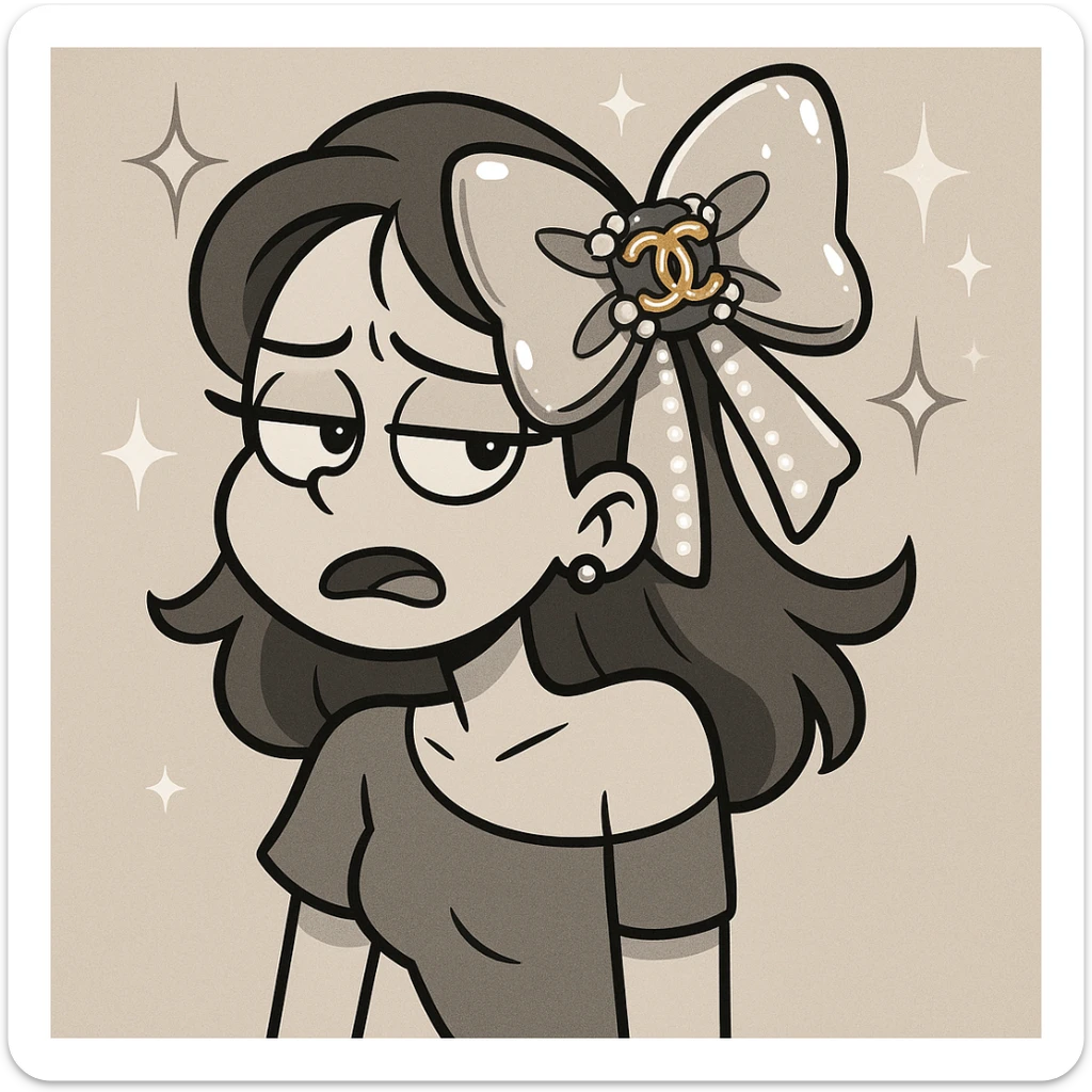 elegant bow with pearls and gold Chanel logo, sparkling effects, glossy, monochrome sticker