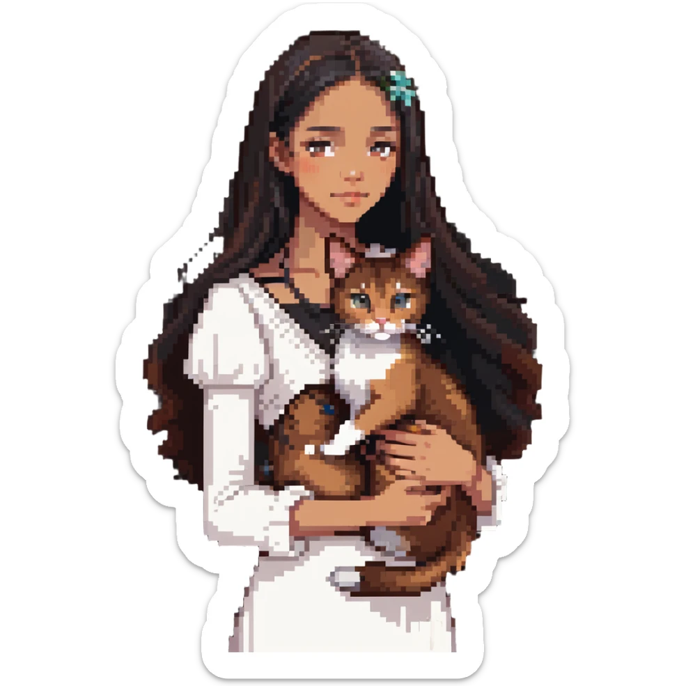 beautiful girl with long black hair wearing a white dress holding an Abyssinian cat with reddish-brown fur in her arms sticker