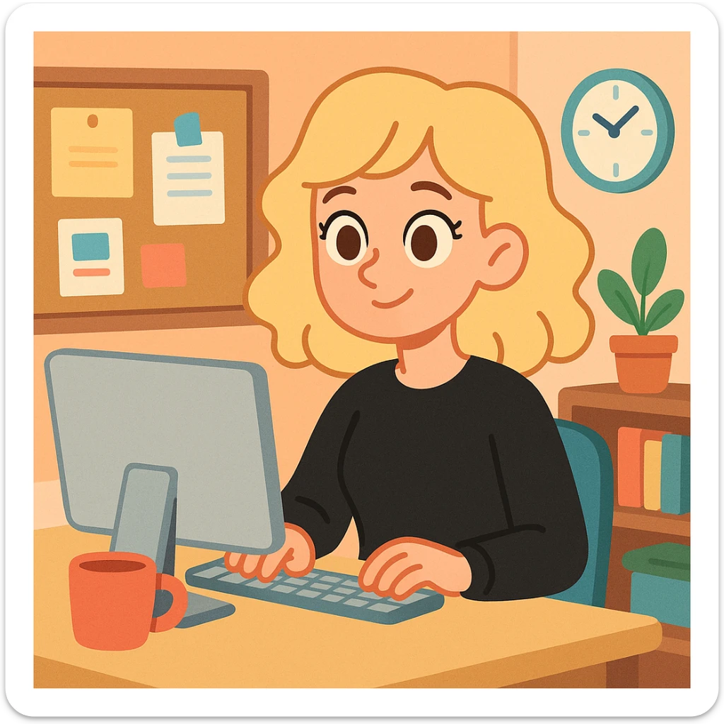 pretty brown-eyed blonde young woman with wavy hair, wearing a black sweater, working on a computer in a cozy office sticker