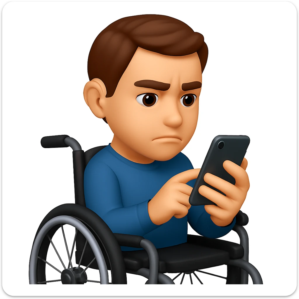 Add a modern wheelchair, showing only the upper body of the man, keeping the 3D emoji style and the hearing aid visible. sticker