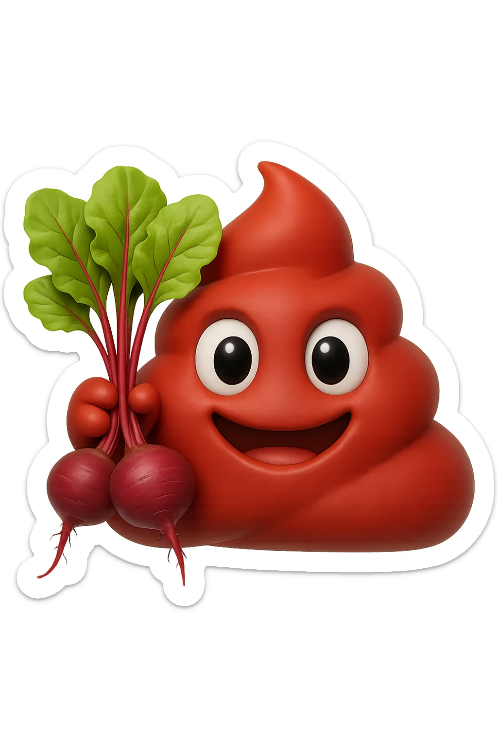 emoji stile iphone 3d di una cacca rossa con barbabietole in mano, iperrealistiche 4k sticker