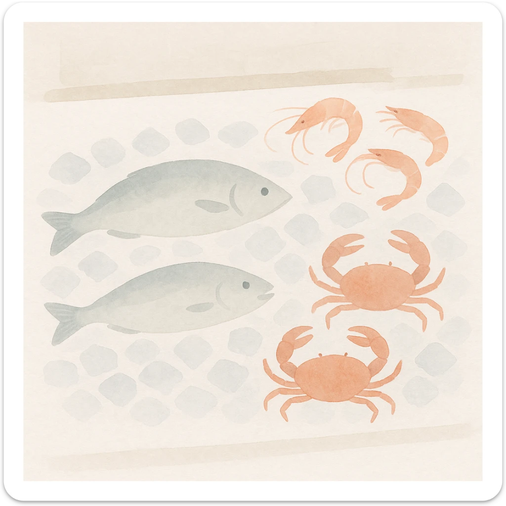 soft watercolor illustration in a minimalist modern style of a fresh seafood display with fish, shrimp, and crabs on ice, in a restaurant or market setting, pastel colors, delicate linework, gentle whimsical mood, minimal soft shading sticker