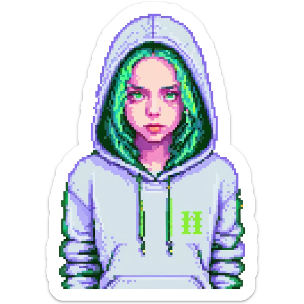 pixel art portrait of Billie Eilish, neon green highlights, hoodie, minimalist style, pop music vibe sticker