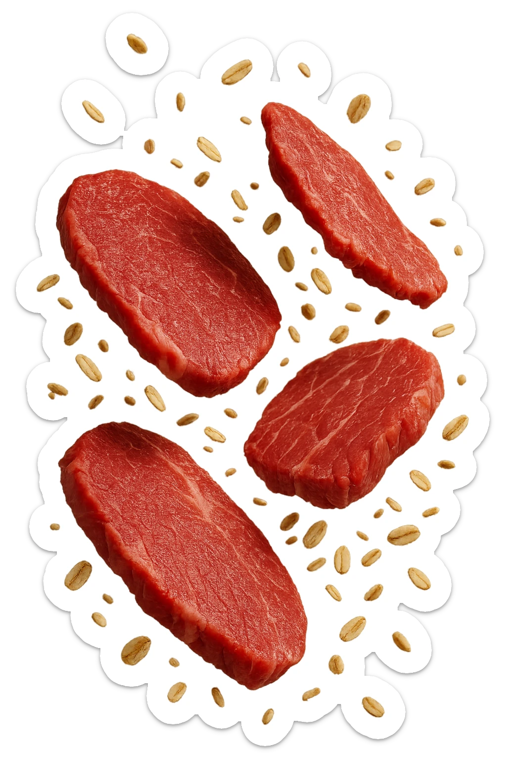 FETTINE DI CARNE FLUTTUANO IN ARIA INSIEME A FIOCCHI DI AVENA, IPERREALISTICO 4K sticker