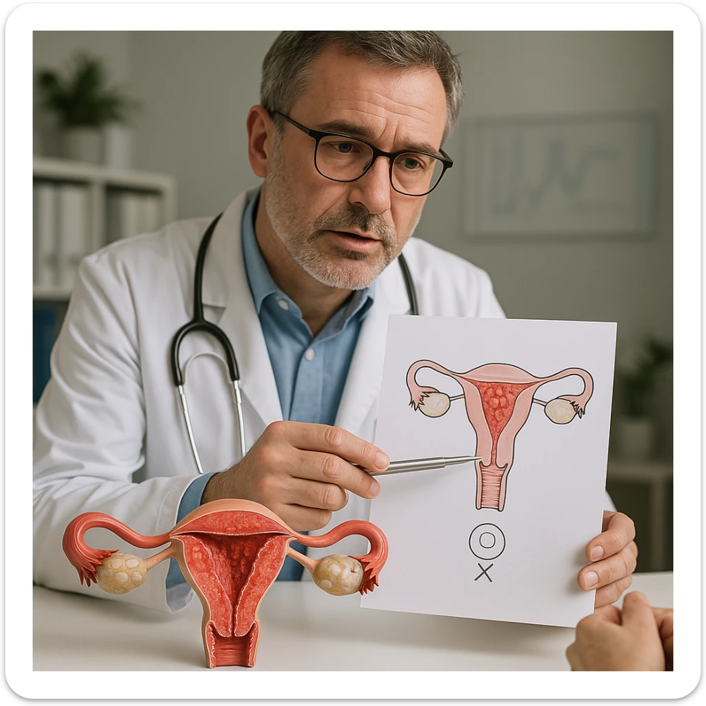 realistic image of uterus with inflamed endometrium and ovarian cysts, doctor explaining with diagram why embryo cannot implant, professional atmosphere, medical details sticker