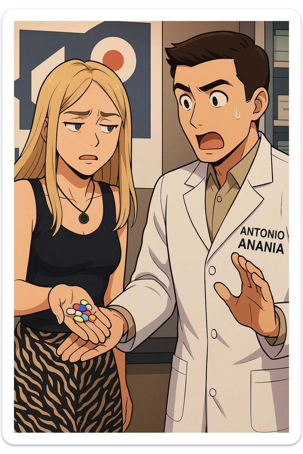 fai un webtoon/manga a colori con questo kinesiologo in camice bianco (fagli la scritta "ANTONIO ANANIA" SUL CAMICE) CHE PARLA CON QUESTA RAGAZZA. LA RAGAZZA HA UN PUGNO DI INTEGRATORI IN MANO (TANTE PILLOLE DIVERSE) E LE GUARDA DUBBIOSA. IL KINESIOLOGO CON IL CAMICE BIANCO LE DOMANDA UNA COSA SCIOCCATO. NON FARE I FUMETTI, FAI SOLO LORO COME SE DIALOGASSERO sticker