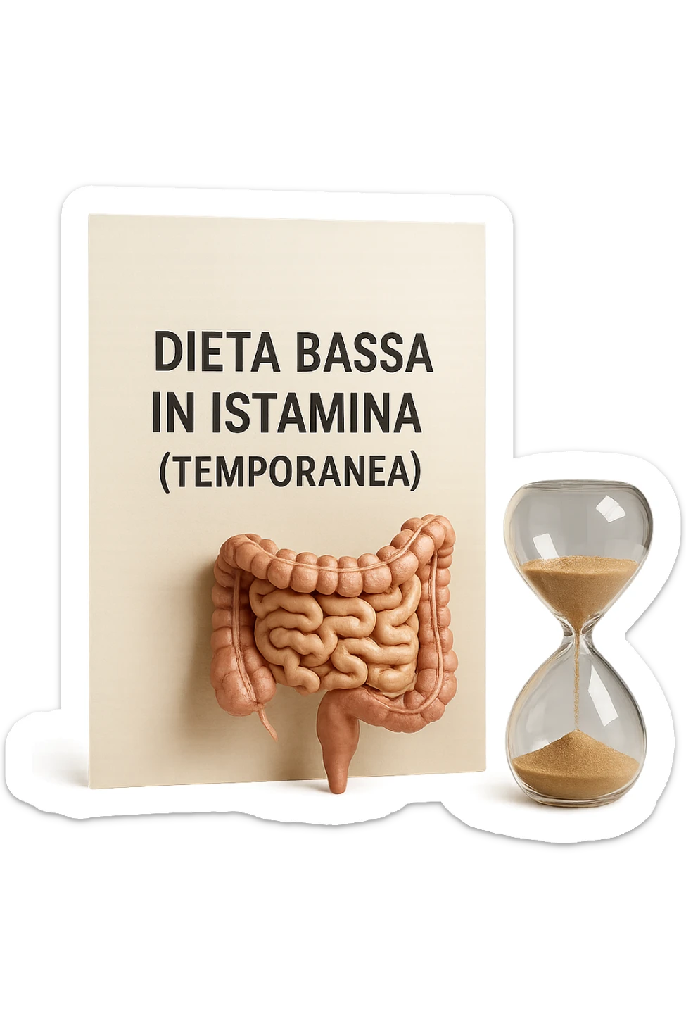 foglio di carta di una dieta con la scritta "DIETA BASSA IN ISTAMINA (TEMPORANEA), E ACCANTO CI METTI UN INTESTINO IN MINIATURA E UNA CLESSIDRA, iperrealistico 4k sticker