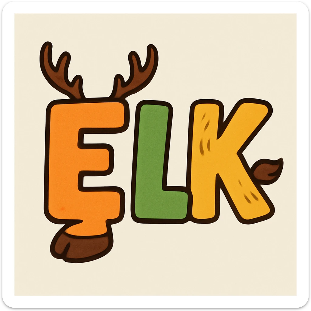 The word ELK in chunky, cartoon-style letters, each letter subtly incorporating elk features like antlers or hooves. sticker