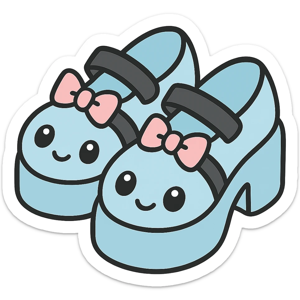 Make the shoes pastel blue with black and pink accents, kawaii style, no socks, no hearts, transparent background sticker