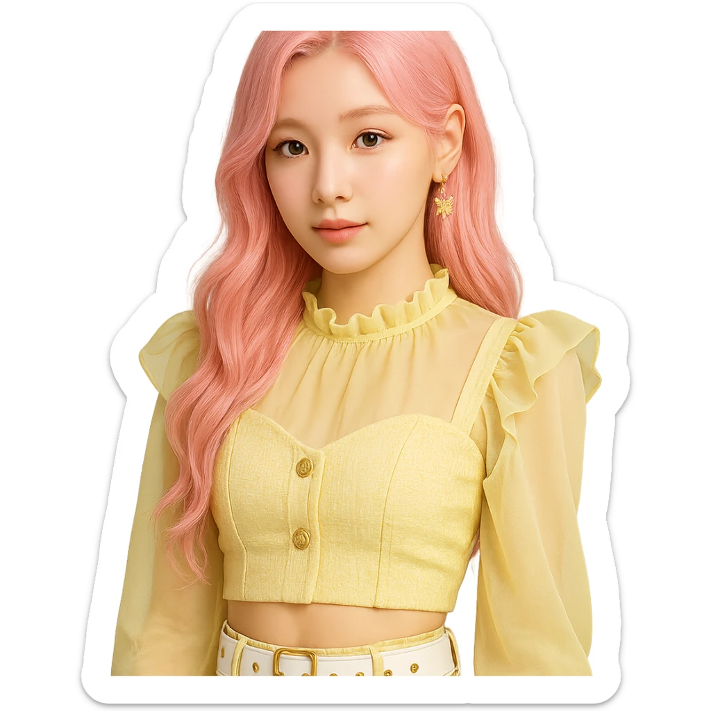Fluttershy reimagined as a human K-pop idol with pastel pink hair, trendy stage outfit, soft makeup, transparent background sticker