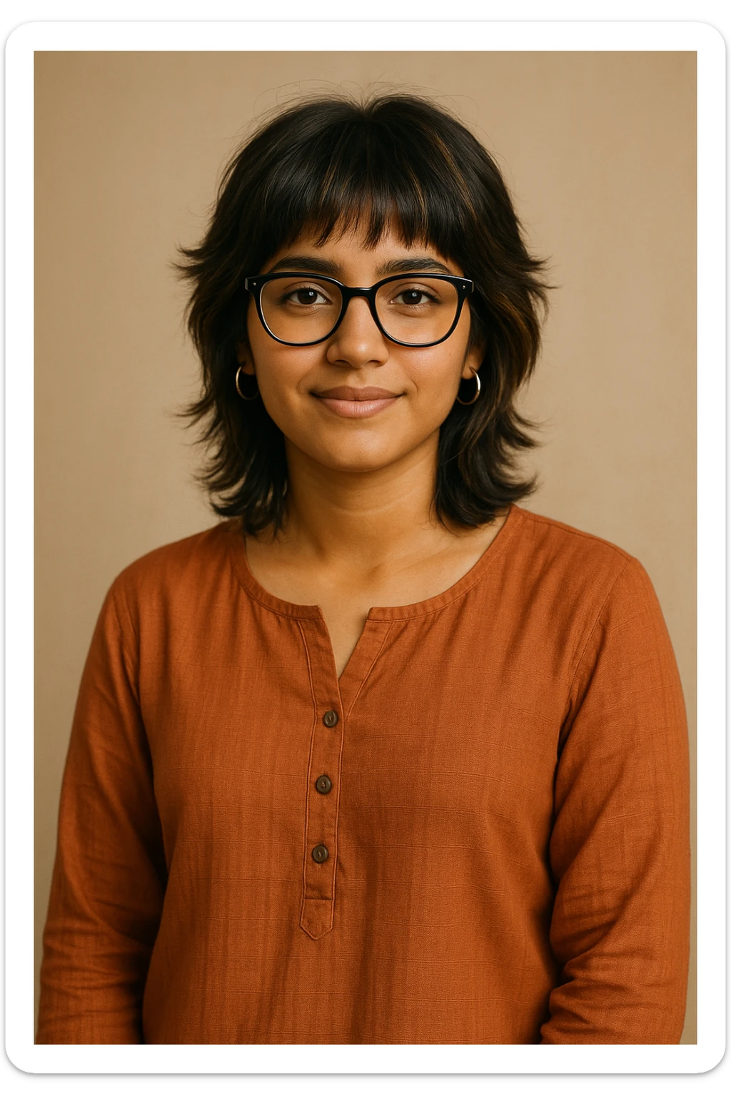 a 19-year-old girl with tan skin, shoulder-length wolfcut hair dark brown with hazel highlights, black bowline glasses, silver hoop earrings, wearing a kurti, relaxed modern style sticker