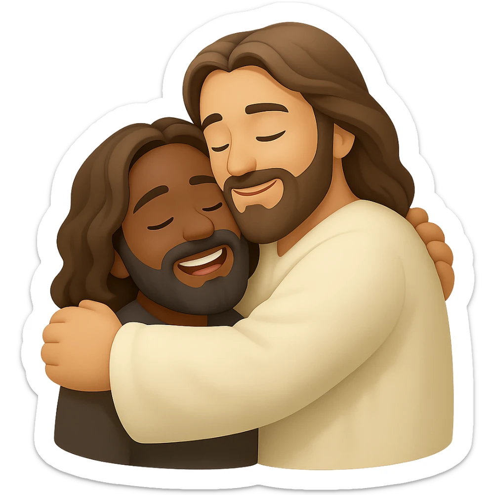 Create an emoji style image of Jesus hugging a person with a gentle smile, soft colors, transparent background. The style should resemble apple style emojis but with editing support, focusing on gentle and soft emotion. sticker