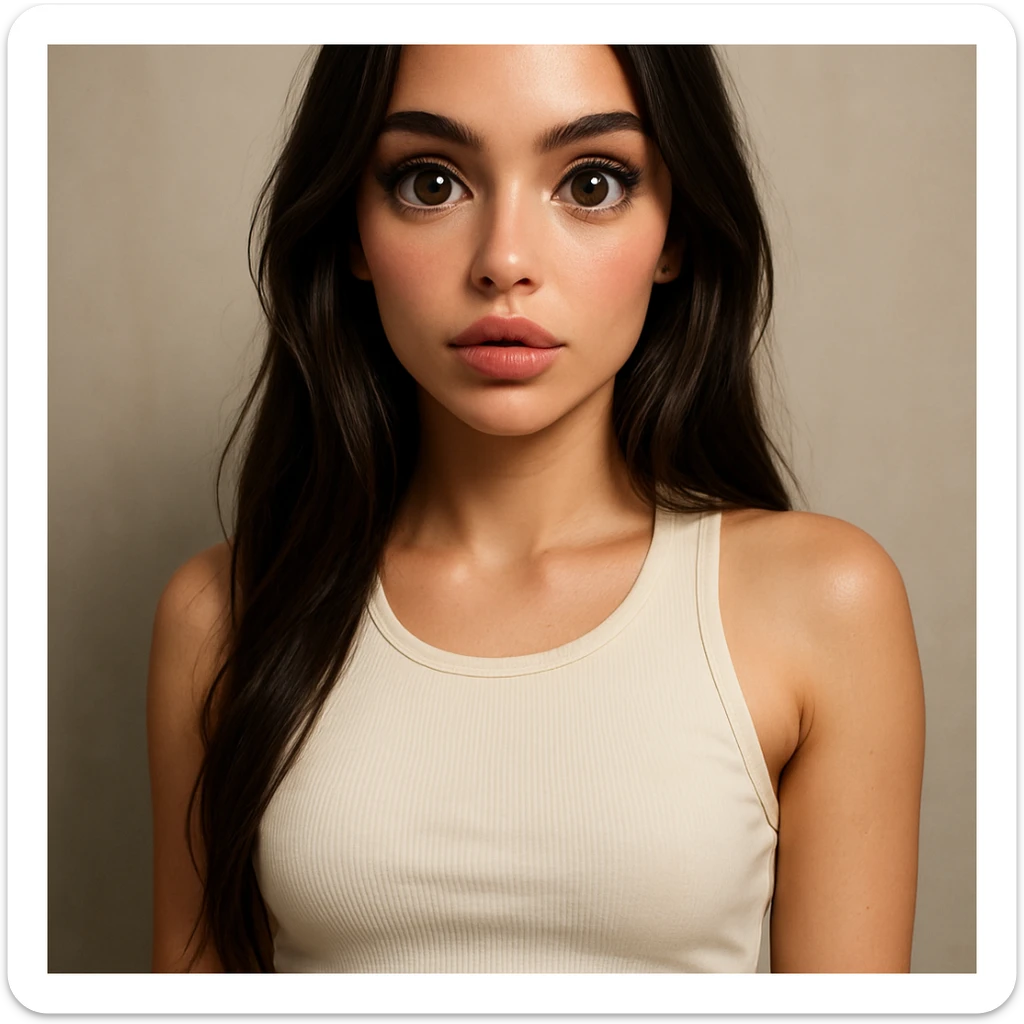 realistic digital portrait in Valkarnaval style, hybrid face of Megan Fox and a popular Eastern European TikTok influencer, large wet anime-like eyes, pouty lips, soft baby-glow skin, light sporty makeup, streetwear outfit (crop top and joggers), soft studio lighting, Instagram aesthetic, high detail, 8K sticker