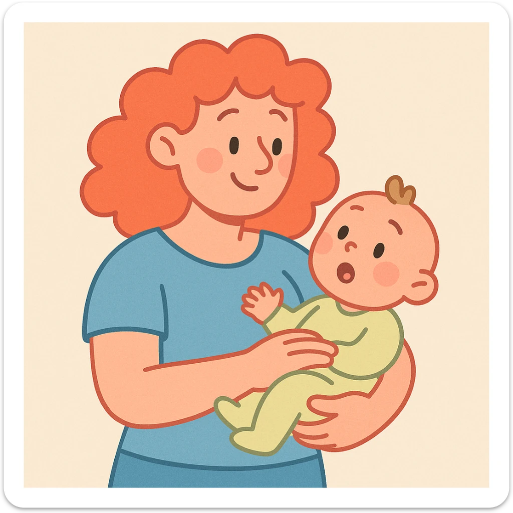 woman with curly red hair holding a baby, soft pastel illustration style sticker