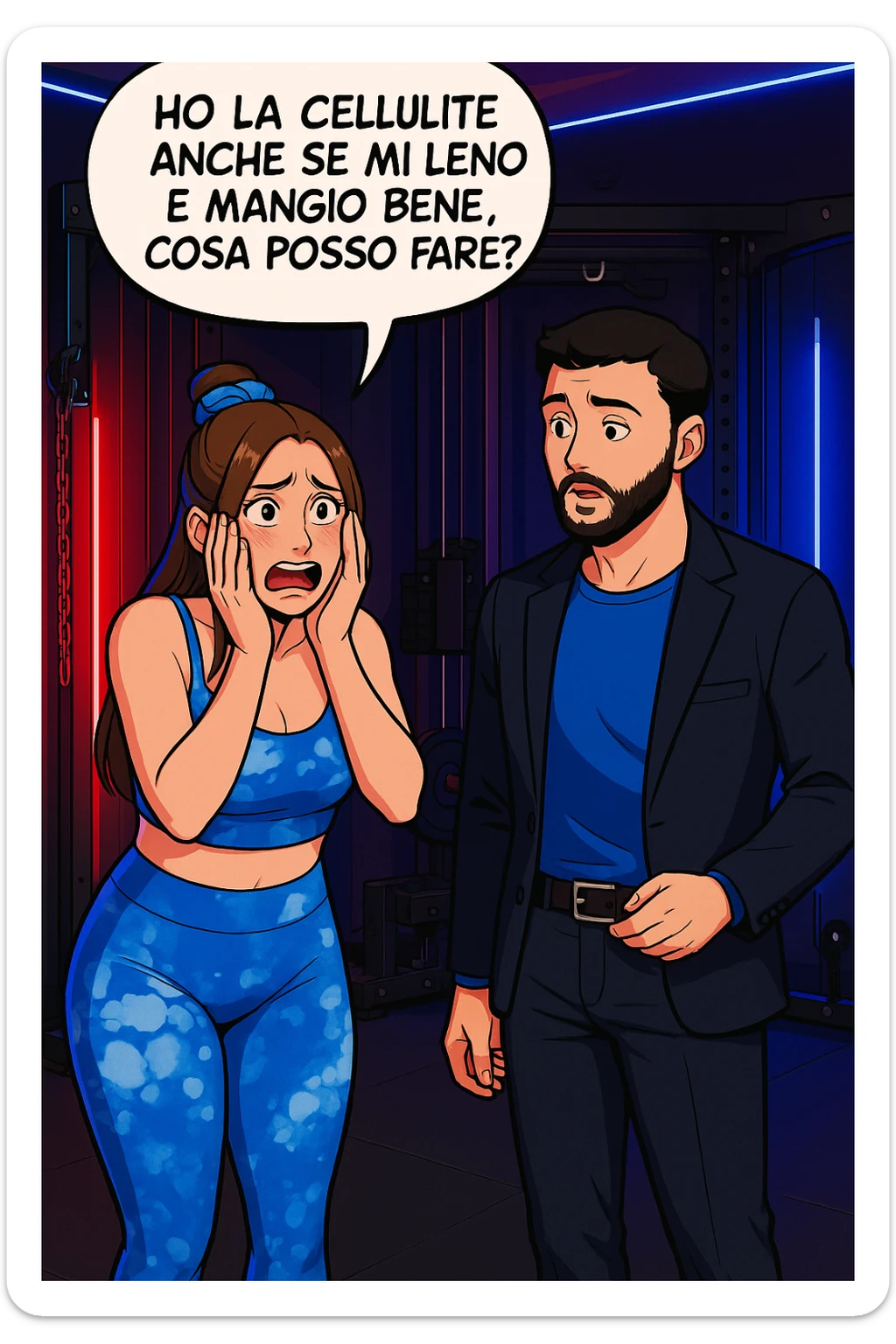 TRASFORMA QUESTO CAROSELLO IN UN FUMETTO STILE WEBTOON/MANGA A COLORI CON QUESTE DUE PERSONE IDENTICHE CHE INTERLOQUISCONO TRA LORO, LA DONNA è DISPERATA CON LE MANI SULLE GUANCE E STA DOMANDANDO TUTTA AGITATA UNA COSA ALL'UOMO:

LEI (DONNA): Ho la cellulite anche se mi alleno e mangio bene, cosa posso fare? sticker
