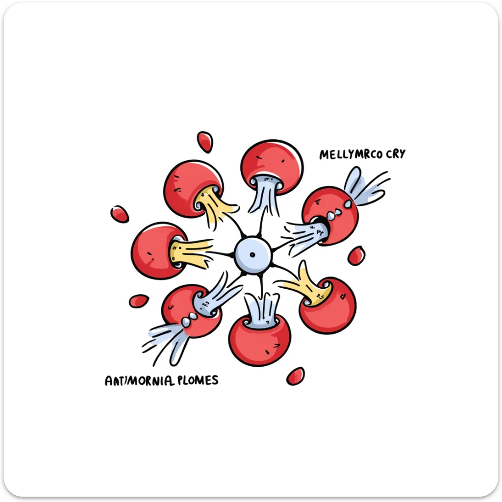 Anatomical diagram of antimicrobial mechanism: red bacteria with labeled parts (cell wall, membrane, DNA) surrounded by yellow antibiotic molecules and blue antimicrobial peptides breaking through cell structures. Hand-drawn scientific illustration with detailed cross-section view. sticker