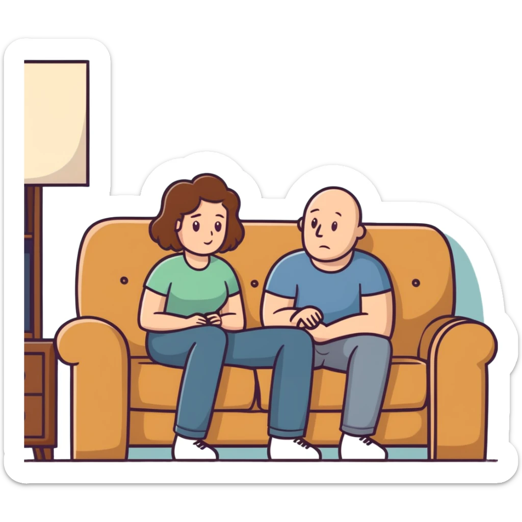  One Caucasian woman with brown hair, big boobs, wearing pants sitting on couch with a bald man that has a big lump in his pants sticker