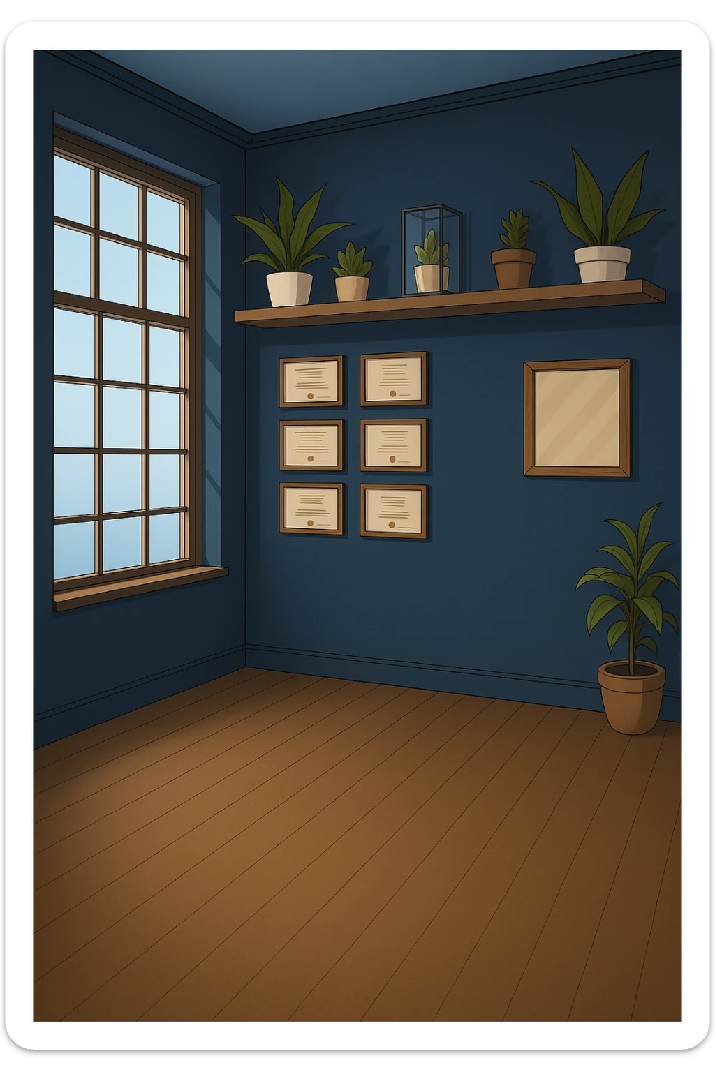 PRENDI SPUNTO DAI COLORI E DALLO STILE DELLA STANZA CON L'UOMO CON IL CAMICE E faMMI QUESTA STANZA VUOTA STILE MANGA/WEBTOON A COLORI SENZA LE PERSONE, SOLO LA STANZA. FALLA MOLTO PIù LUMINOSA, NON LUCI GIALLE sticker