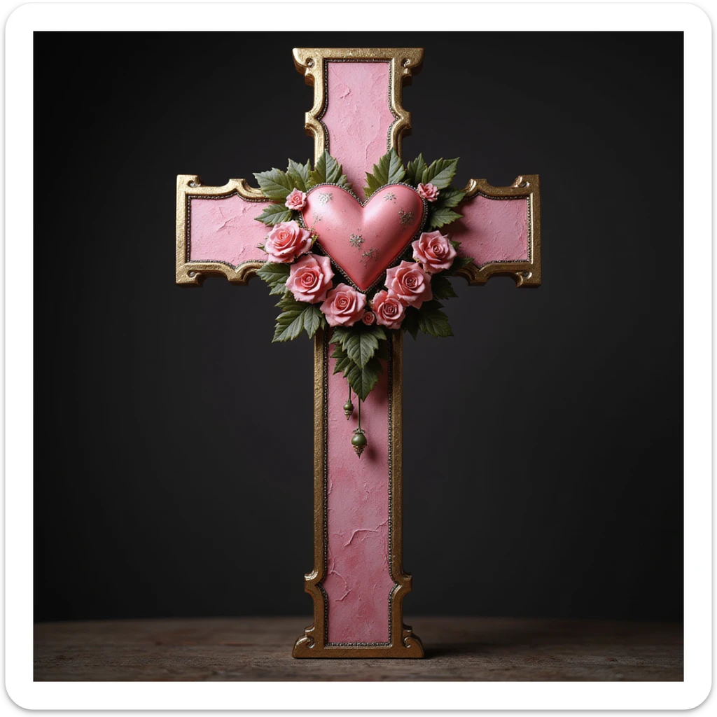 realistic gothic cross, pink and gold, with a heart motif and roses, photorealistic style, no background sticker