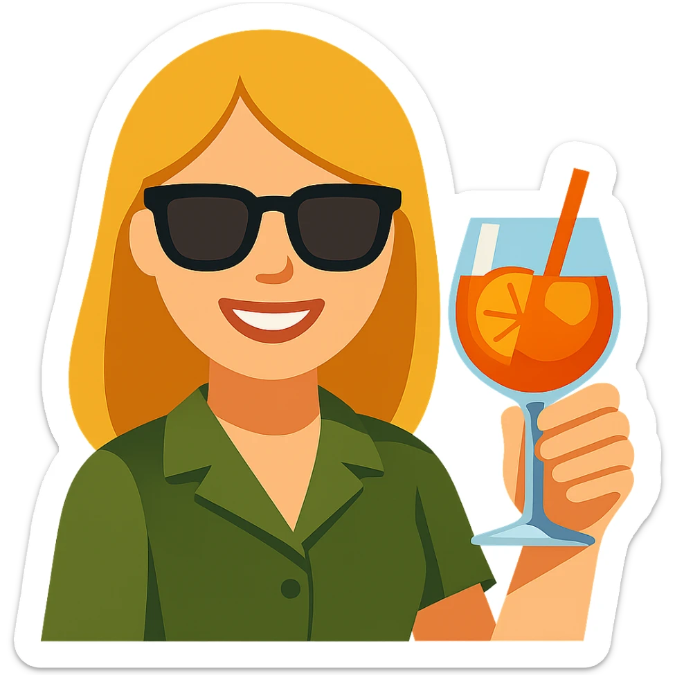 Add sunglasses to the Italian girl and make her hair dark blond, keep the Aperol Spritz and vibrant toon emoji style, with no background. sticker