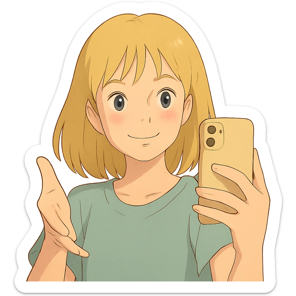 ghibli style illustration of a blonde girl taking a selfie with soft colors sticker