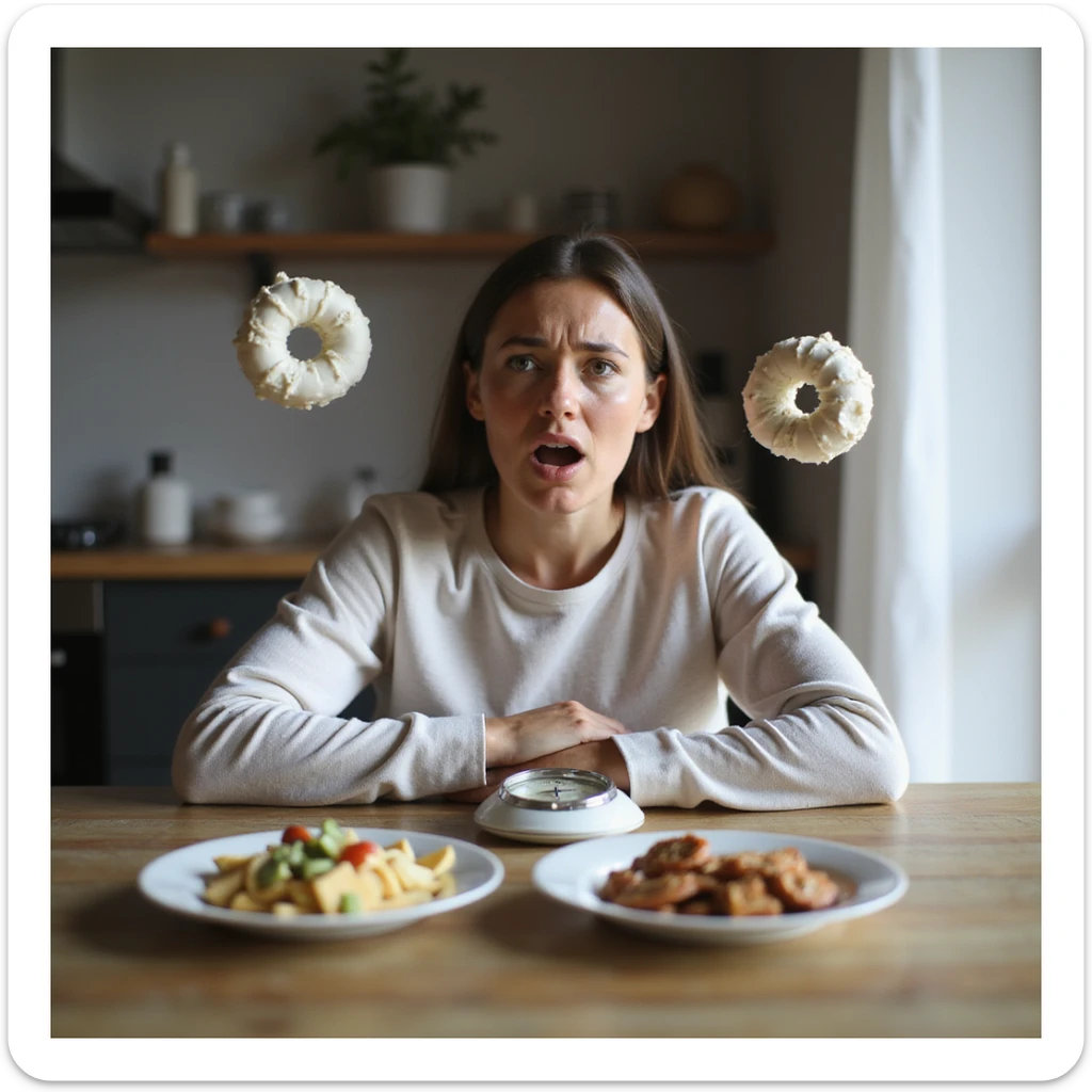 adult woman, photorealistic, yo-yo diet effects, sitting at table with plates of healthy food and sweets, frustrated expression, scale with changing numbers, natural light, kitchen background sticker
