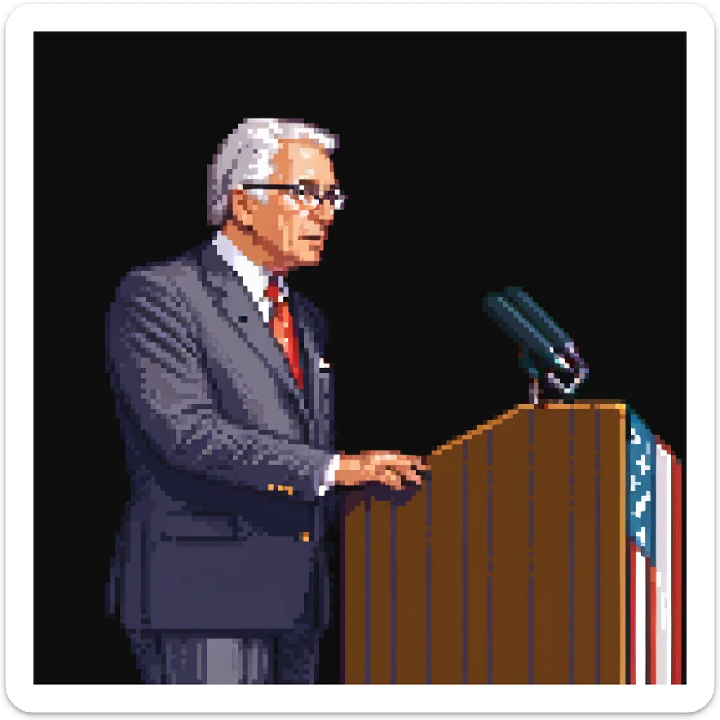 a SNES box art image of a man who looks like a fiftysomething distinguished american politician, standing and speaking emphatically at a podeum. cutscene graphic - 3/4 side perspective sticker