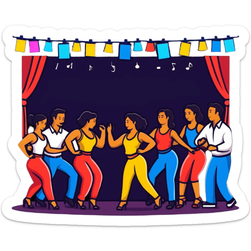 Colombian salsa night club with dancers, live band, and festive lights sticker