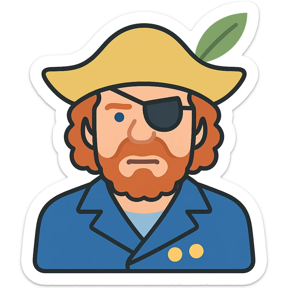 Add color to Jeremy Clarkson as a pirate captain, keep icon style with vibrant and clear colors, detailed pirate captain attire including hat and eyepatch, maintain the icon style look. sticker