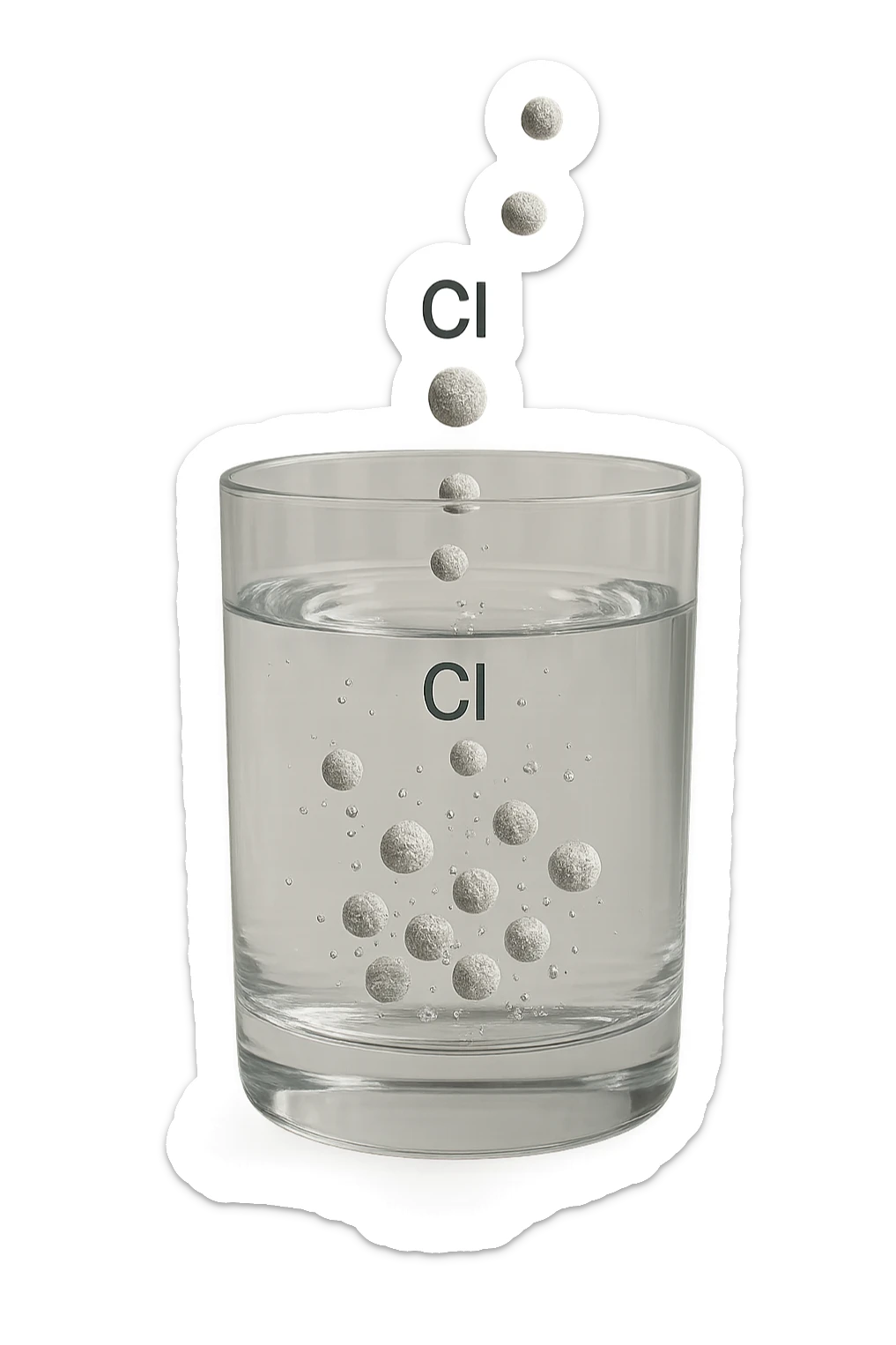 un bicchiere di acqua fluttua in aria realistico e dettagliato, dentro l'acqua del bicchiere ci sono particelle di cloro ben visibili con la scritta "Cl" sopra, ci sono particelle anche che escono dal bicchiere e fluttuan
o in aria verticalmente, mentre alcune sono all'interno dell'acqua nel bicchiere, iperrealistico 4k sticker