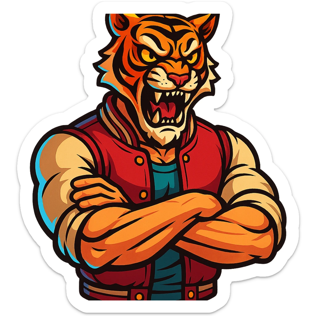 Tony from Hotline Miami, muscular man in varsity jacket with tiger mask, vibrant toon style sticker