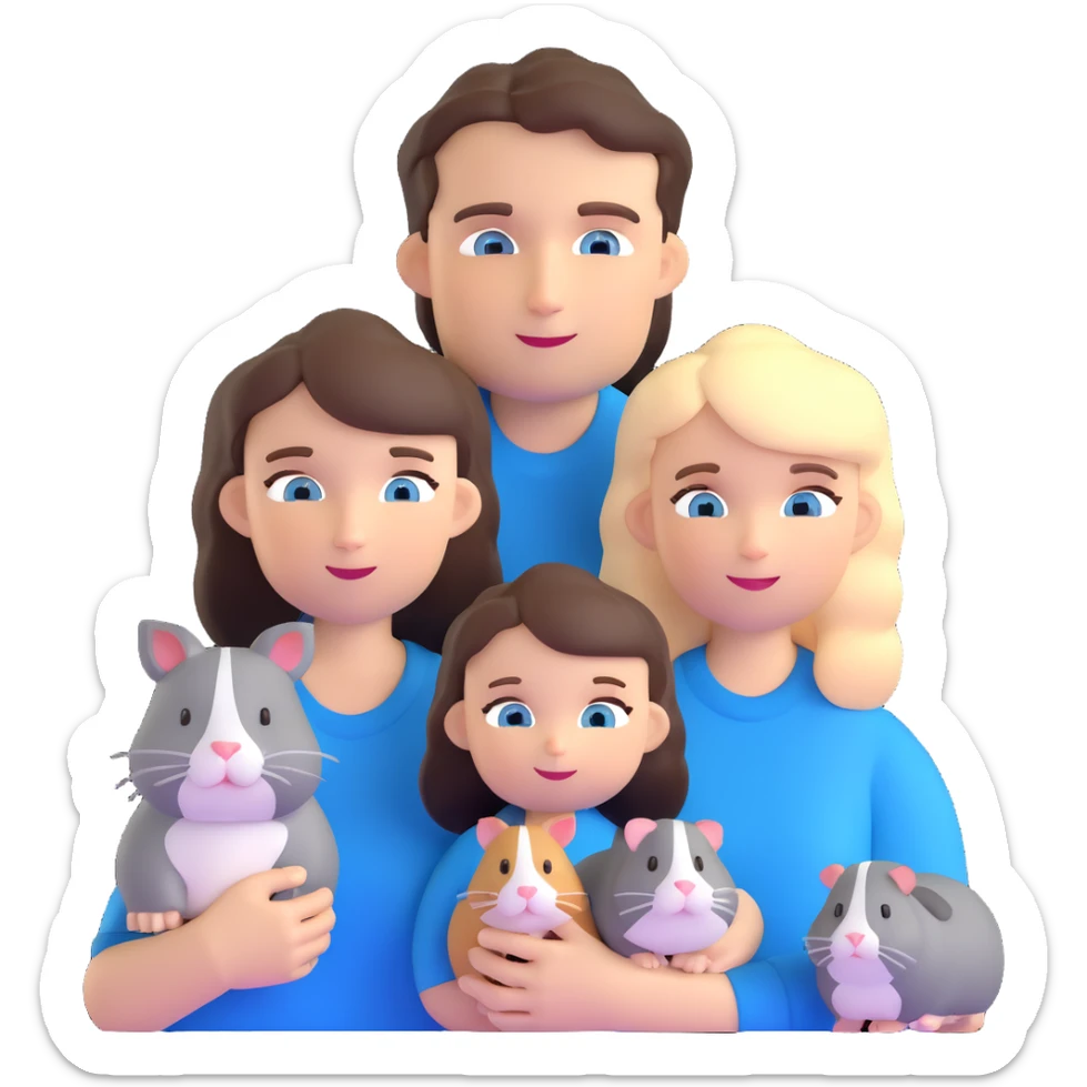 Family portrait with father with dark brown hair and blue eyes, mother with light brown hair and blue eyes, three blonde little girls with blue eyes, plus a grey cat and two guinea pigs sticker