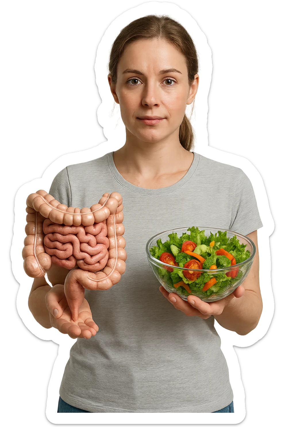 DONNA CON INTESTINO UMANO ANATOMICO CON INSALATA IN MANO, iperrealistico 4k, SFONDO BIANCO sticker