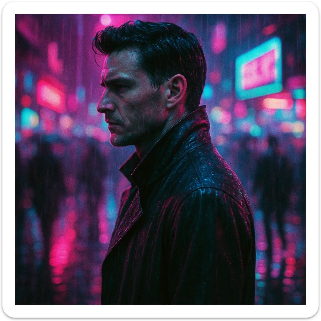 cyberpunk portrait of a man in a rain-soaked trench coat, neon-lit city at night, side profile, serious expression, neon reflections on wet pavement, vibrant magenta and cyan lighting, motion blur of crowd, shallow depth of field, Blade Runner style, analog film grain, chromatic aberration sticker