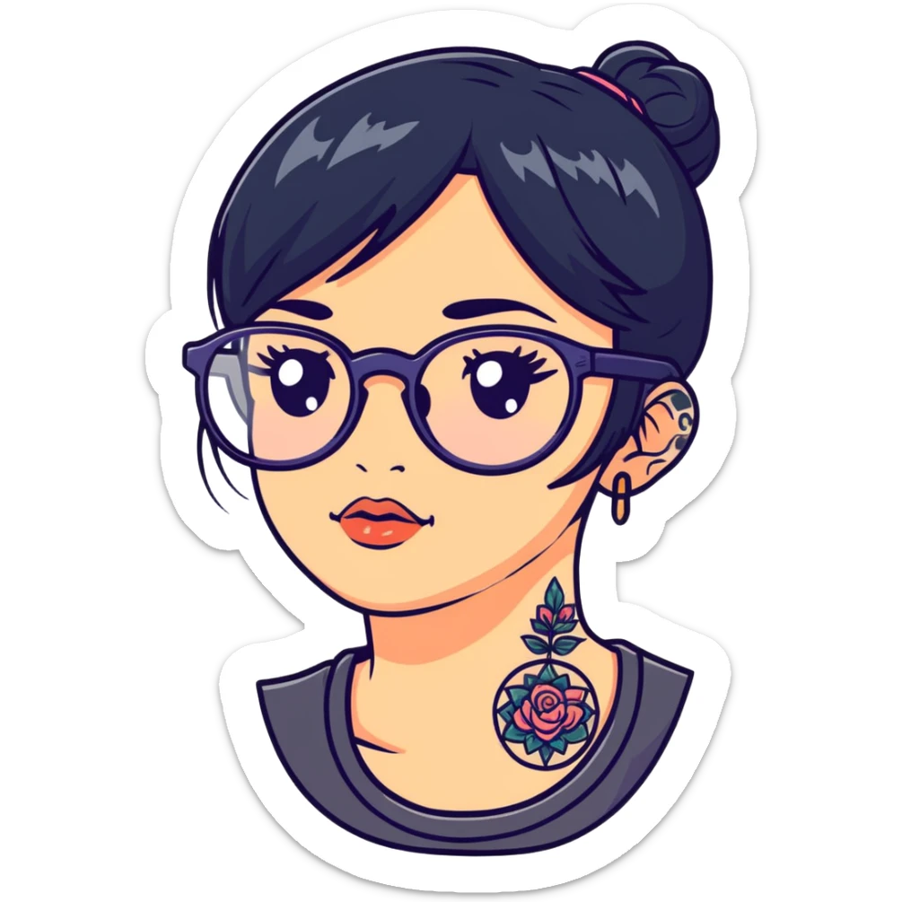young girl with face tattoos wearing glasses and black hair sticker