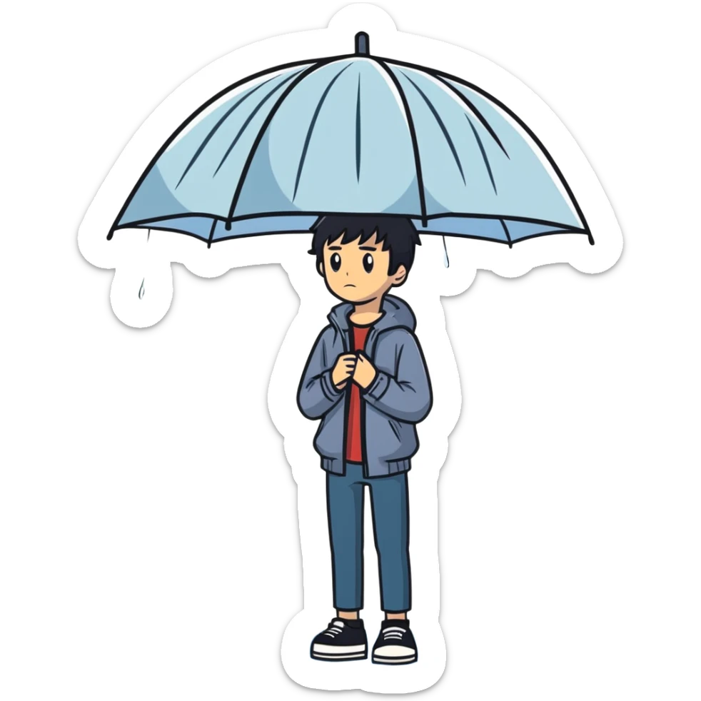 Anime-style teenage boy with dark hair standing in the rain, looking melancholic sticker