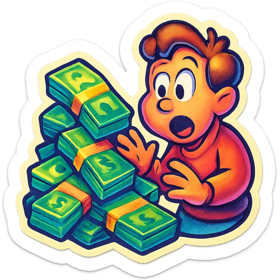Top Gear sticker showing a pile of money with a surprised character, lively and bright sticker
