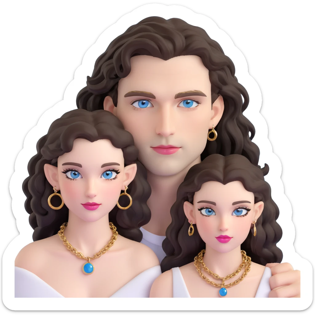 attractive couple in nightclub, colorful lights, woman with big blue-grey eyes, long lashes, pale skin, pink lips, long voluminous dark brown curls, gold hoop earrings, tiniest possible top barely covering, next to handsome man with intense blue-grey eyes, chiseled features, pale skin, confident smirk, dark brown styled hair, gold chain, minimally dressed showing maximum skin, dancing intimately sticker