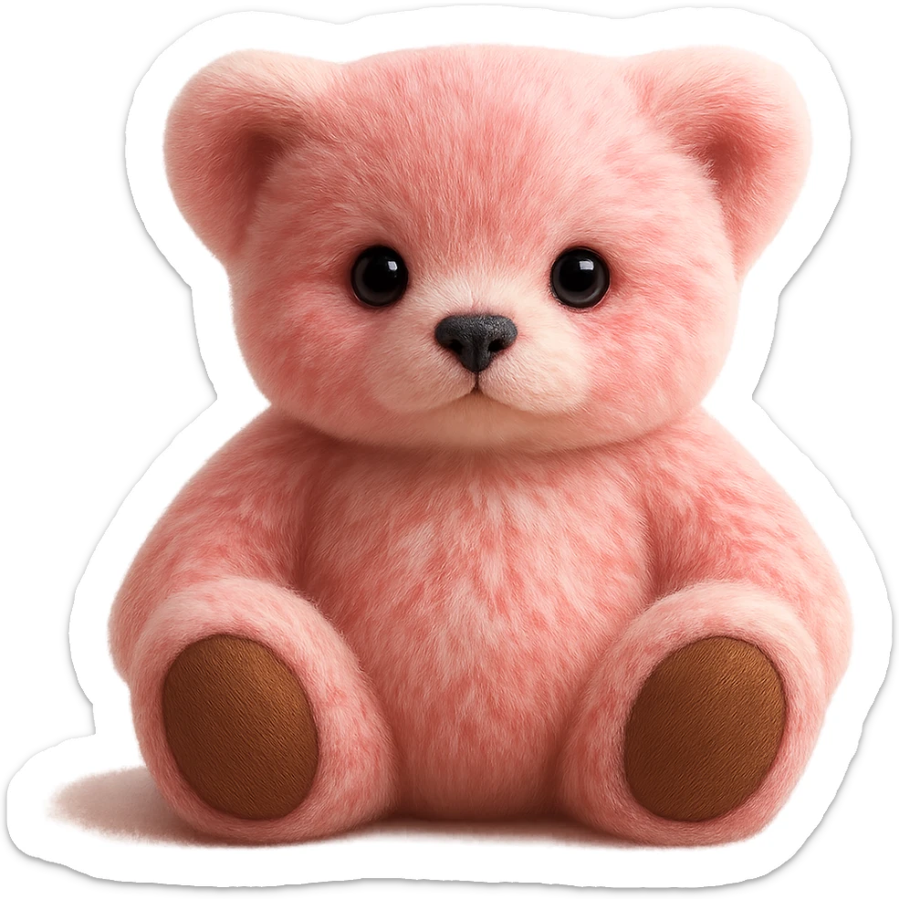Make the teddy bear's fur a mix of realistic pink and white with soft lighting. Remove the background to make it transparent. sticker