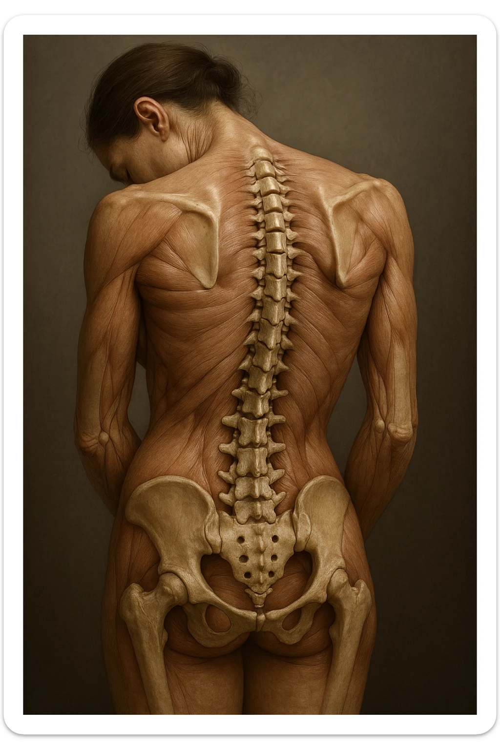 CORPO UMANO ANATOMICO di una donna con spalle chiuse e postura incurvata, spina dorsale in evidenza, IPERREALISTICO 4K sticker