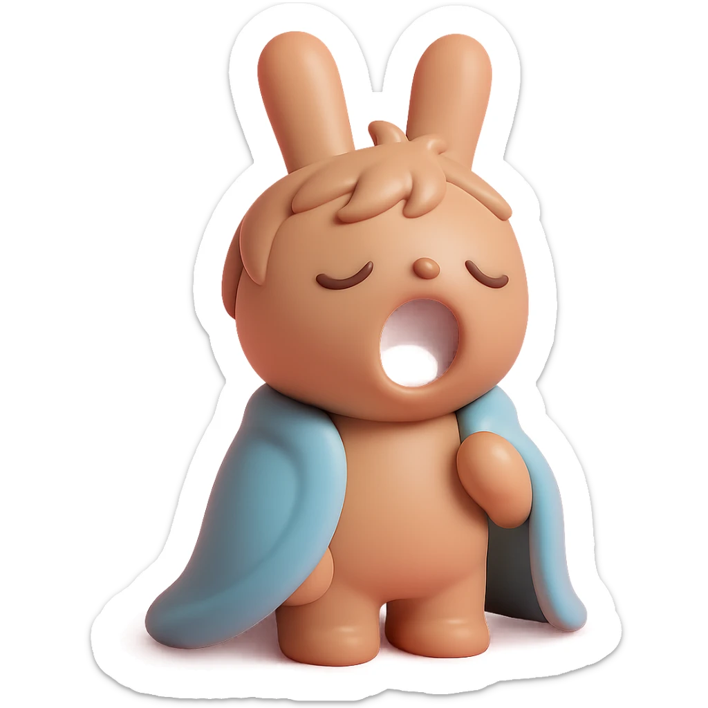 full-body pale brown bunny yawning with messy hair, blanket over shoulders, vinyl figure style sticker