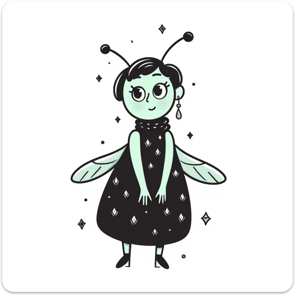Mint green woman bee character with diamond decorations, rhinestone jewelry, and glittery sparkly details sticker