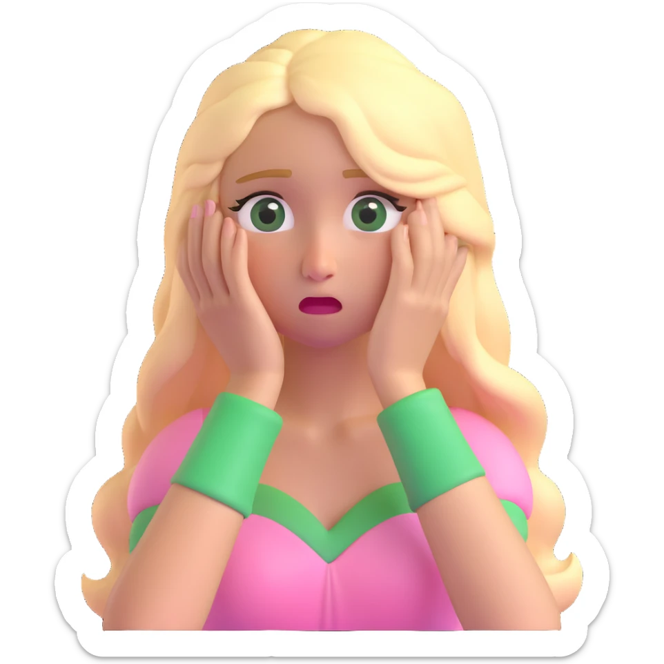 blonde with long hair and swamp eyes in a pink pastel dress, crying, 3D iOS realistic emoji style sticker
