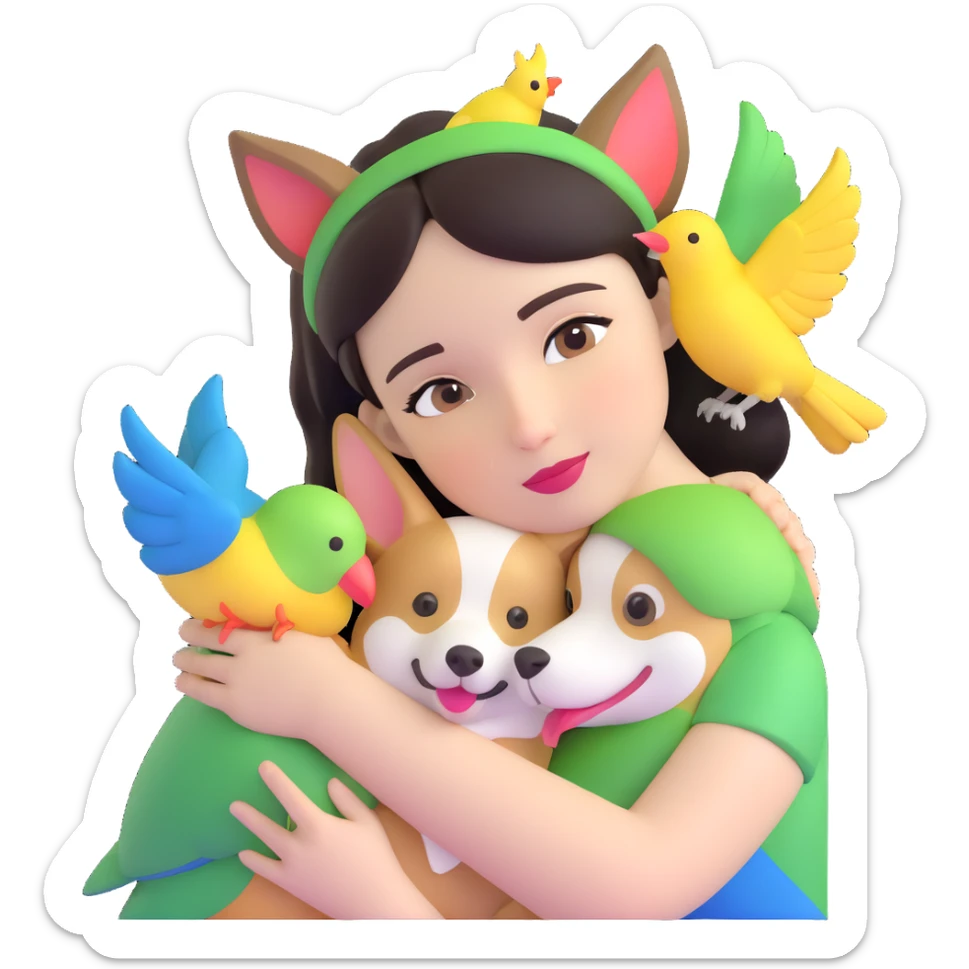 Dark short hair, dark brown eyes with pale skin and thin eyebrows girl hugging a welsh corgi. And a green-reddish lovebird on her head with yellow, blue love birds around her. sticker
