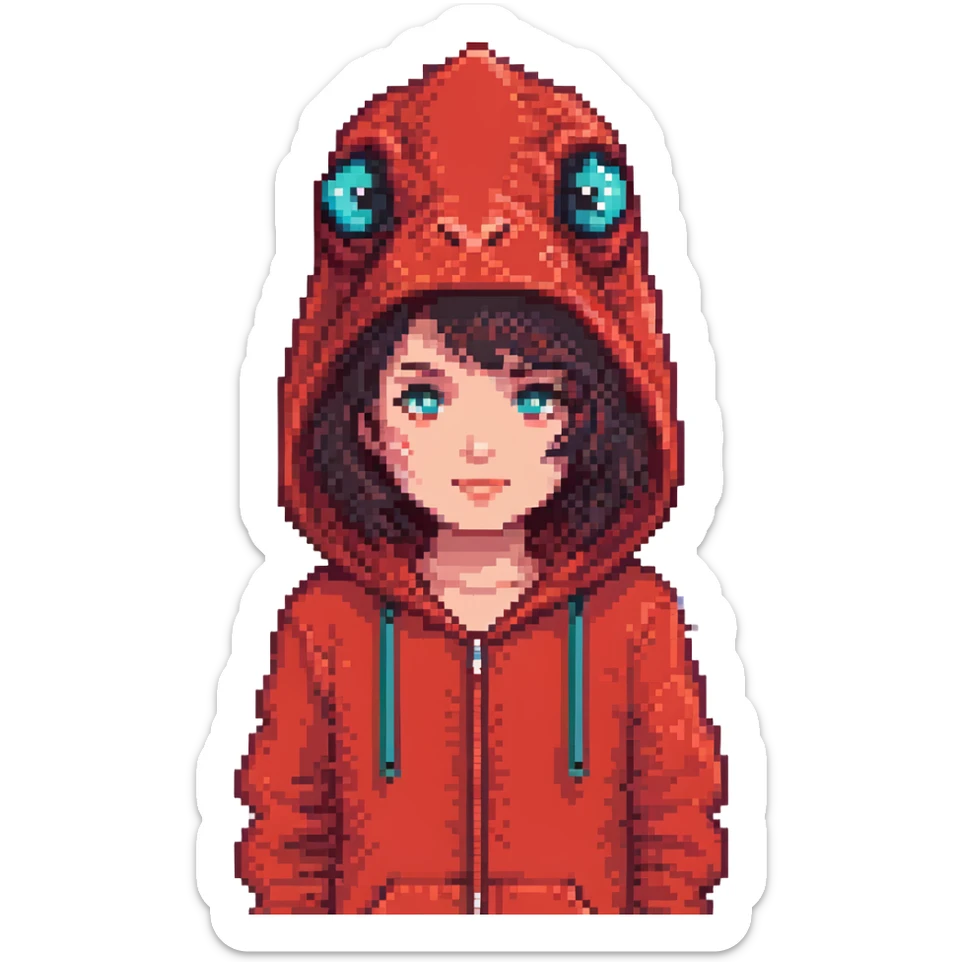 Minecraft pixel art face of Roxy, with red dinosaur onesie hood, dark hair, beard, matching the reference sticker