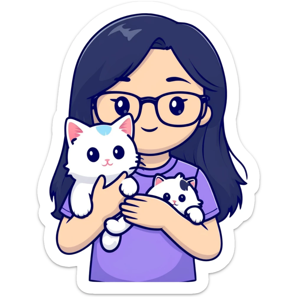 Beautiful girl with long black hair and glasses holding a white kitten sticker