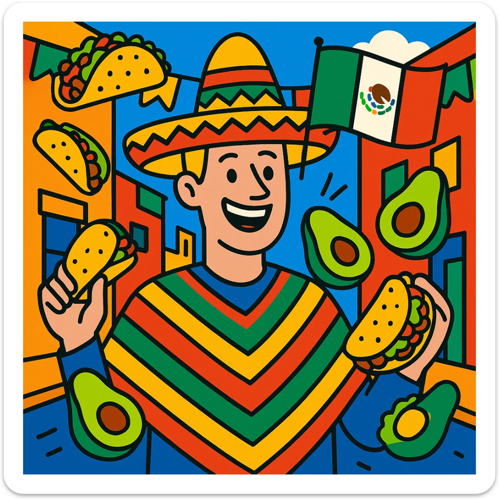 festive Cinco de Mayo cartoon of a tall white American with blonde hair, smiling, wearing a colorful poncho, holding a taco and an avocado, waving a Mexico flag, surrounded by tacos and avocados, on a lively street background, bright and bold colors sticker