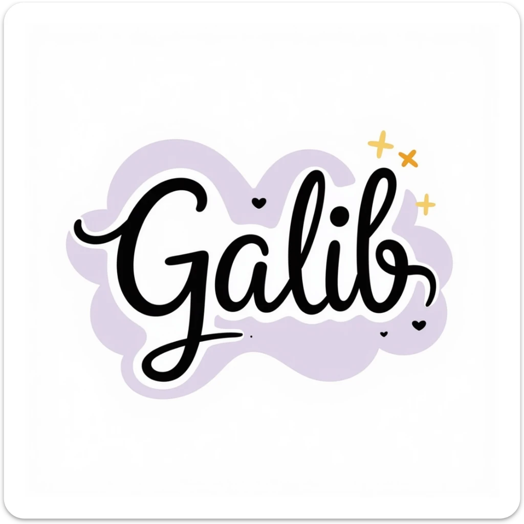 elegant cursive and bold typography of the word 'Galib' in a dreamy style, surrounded by ✨💖🌙💫🔥 emojis, with a soft gold-lavender-blue gradient, luxurious and glowing sticker