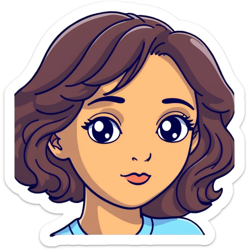 woman face with big eyes, medium skin tone, and dark wavy hair sticker